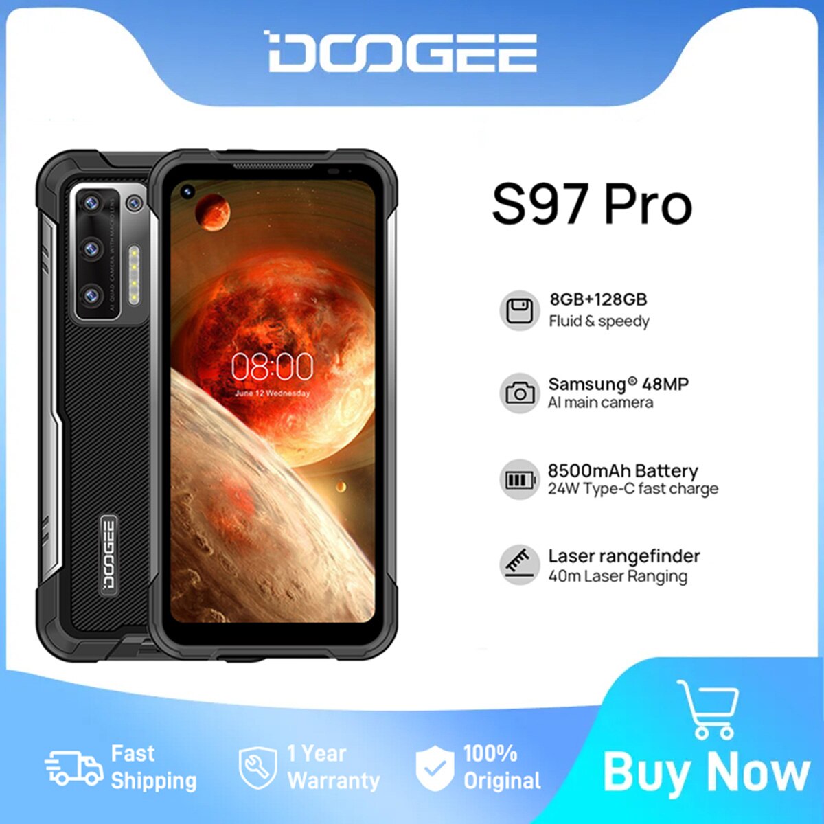 DOOGEE S97 프로 견고한 40M 레이저 거리 측정, 6.39 인치 HD 디스플레이, 48MP 쿼드 카메라, 8GB 128GB 헬리오 G95 옥타 코어, 8500mAh 33W 고속 충전